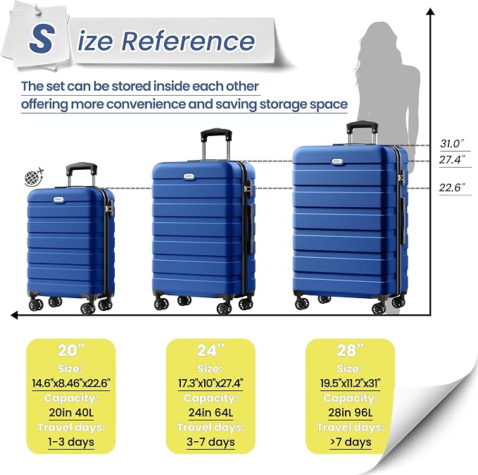 AnyZip Luggage Sets 10 Piece Hardshell Suitcase Set PC ABS Lightweight Travel Suitcases with 4 Double Spinner Wheels TSA Lock 20 24 28 Inch with 7 Storage Bags Dark Blue - Image 9