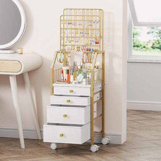 SWTYMIKI Gold Jewelry Organizer Stand - Multifunctional Rack Tower for Necklace, Earring, Ring & Bracelet Display - Moveable Storage Jewelry Holder Stand with 4 Nonwoven Drawers for Bedroom Gold by SwtyMiki-TidyHomeSweetLife