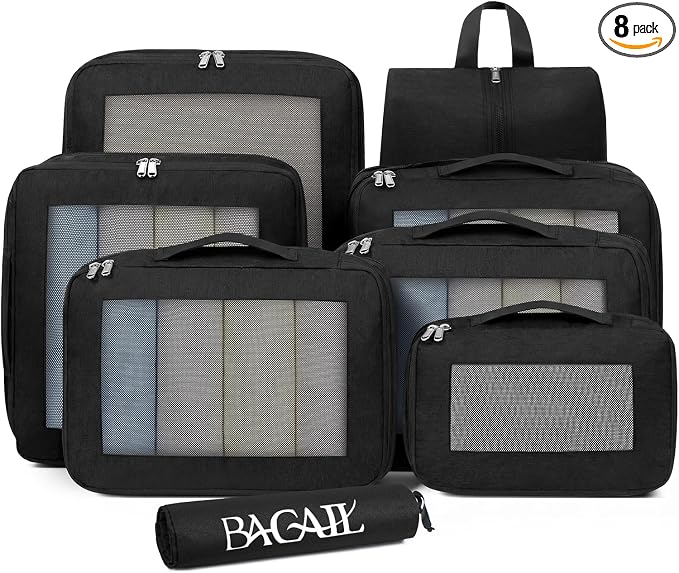 BAGAIL 8 Set Compression Packing Cubes, Durable & Wear-resistant Expandable Luggage Organizer Bags for Travel Accessories (Black) by BAGAIL