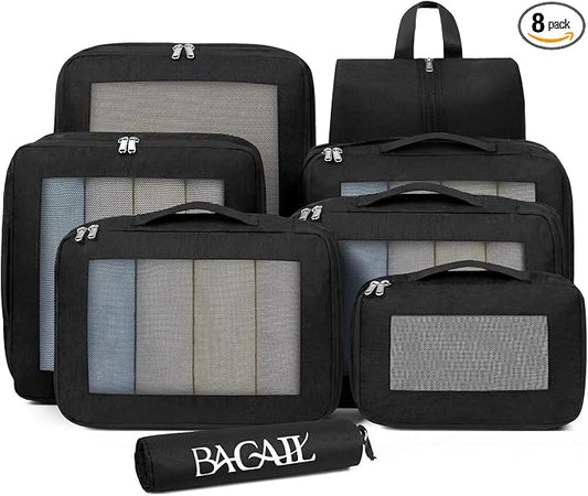 BAGAIL 8 Set Compression Packing Cubes, Durable & Wear-resistant Expandable Luggage Organizer Bags for Travel Accessories (Black) by BAGAIL