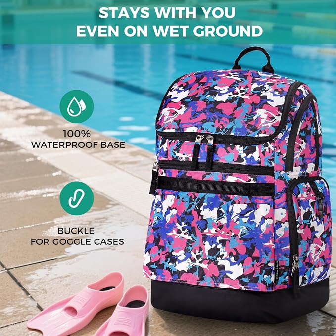 Choco Mocha Swim Bag for Kids Swim Bag for Swimmers, 35L Waterproof Girls Swims Backpack with Wet Dry Compartments, Organized Pool & Beach Bags, Camo Pink - Image 6