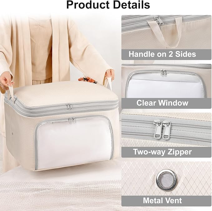 Comforter Storage Bag - 130L Blanket Storage Bags Front-opening Ultra Space Saving Self Compression Organizer, Washable Compression Bags for Storage Comforter Blanket, 2 Pack, Beige - Image 7