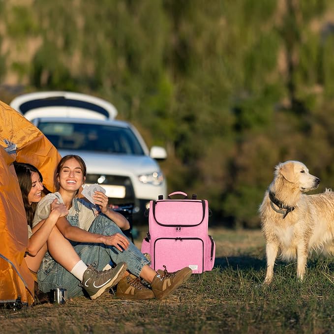 Modoker Multi-Compartment Dog Travel Backpack for Pet Supplies, Pink | Dog Travel Accessories Organizer with 2 Food Bags, 2 Bowls, Quick-Access Pockets, Tissue Opening, Luggage Sleeve, Feeding Mat - Image 6