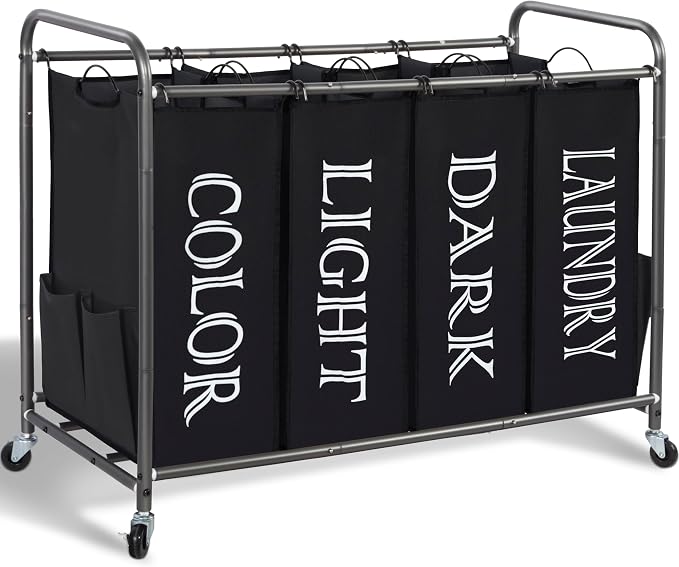 STORAGE MANIAC Laundry Sorter 4 Section, 47.5 Gal (180 L) Laundry Hamper with Wheels, Clothes Divider Basket Sorter, Separator Hamper Cart with Removable Bags, Label Black by STORAGEMANIAC