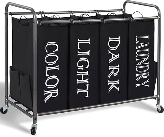 STORAGE MANIAC Laundry Sorter 4 Section, 47.5 Gal (180 L) Laundry Hamper with Wheels, Clothes Divider Basket Sorter, Separator Hamper Cart with Removable Bags, Label Black by STORAGEMANIAC