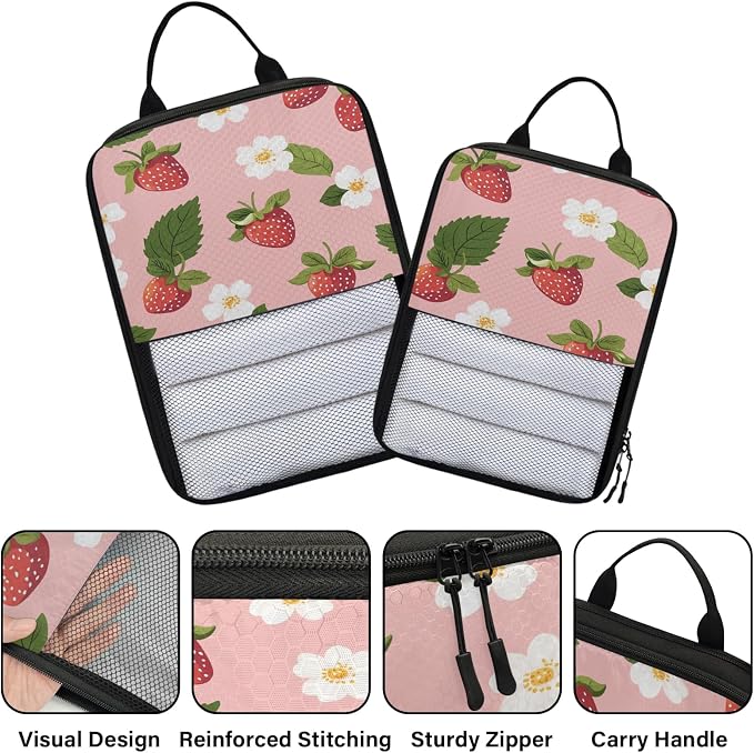 Floral Strawberry 6 Set Compression Packing Cubes for Travel Luggage Carry On Suitcase Compressible Expandable Packing Cubes Organizers Bag - Image 3