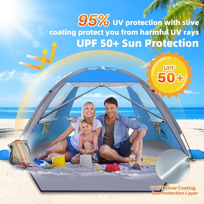 Happy Travel Beach Tent, UPF 50+ UV Protection Sun Shade Shelter for 3/4/5/6/7/8 Person, Portable Beach Canopy for Family & Baby, Lightweight & Easy Setup Beach Cabana with 3 Ventilation Mesh Windows - Image 4