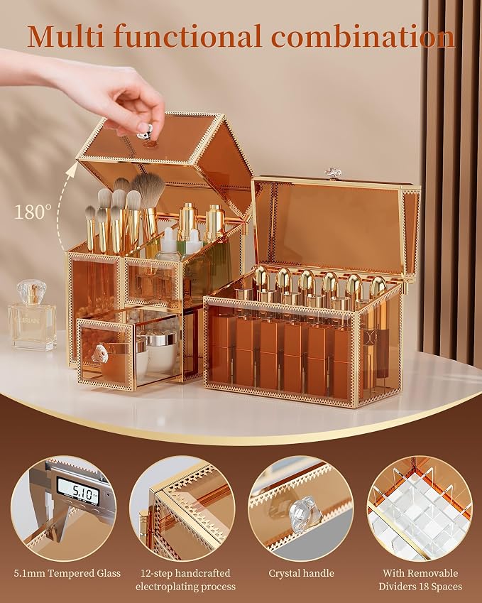 CoralHouse Makeup Organizer Countertop Set – Vanity Holder with 18-Slot Lipstick Organizer & Covered Makeup Brush Holder – Skincare, Perfume & Cosmetic Display for Bathroom or Dresser - Image 4