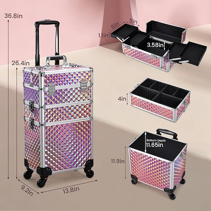 FRENESSA 3 in 1 Rolling Makeup Train Case Cosmetology Case on Wheels Pink | Cosmetic Trolley Large Storage with Keys 360° Swivel Salon Barber Case Traveling Cart Trunk for Artist Hairstylists Nail Tech - Image 5