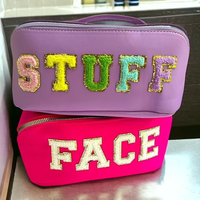 Chenille Letter Bags for Makeup- 2Pcs Set Face & Stuff Large Capacity Preppy Bags for Travel, Lay Flat Nylon & PU Leather Cosmetics Toiletry Makeup Bags (Hot Pink + Purple) - Image 2