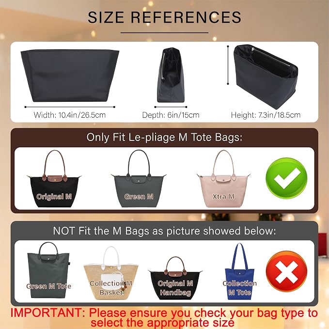 Soft Nylon Purse Organizer Insert for Longchamp Le Pliage M Tote Bag Long Handle, Lightweight Luxury Long Champ Medium Divider Shaper with Cup Holder,Zipper Bag Inner with Deepened Pockets,M/Black - Image 2