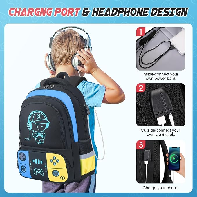 Bevalsa Backpack for School Boys, Cool Luminous Gamer Boys Schoolbag with Lunch Box & Pencil Case Set for Kids Teens Elementary Middle School, Bookbag Glow In The Dark(Yellow Blue Backpack) - Image 6