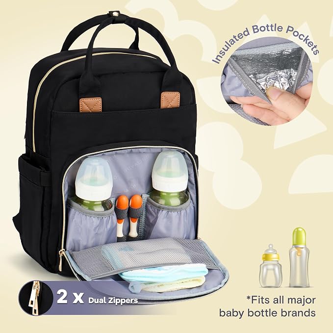 RUVALINO Diaper Bag Backpack, Multifunction Travel Pack Maternity Baby Changing Bags, Large Capacity, Waterproof, Deep Black, Polyester - Image 3
