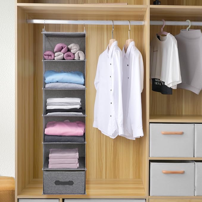 Large Hanging Sweater Organizer for Closet,Collapsible 6-Shelf Hanging Closet Shelves with Drawers, Washable (Grey-6 Shelf-1 d) - Image 3