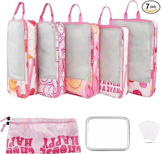 7 Pcs Compression Packing Cubes for Travel Luggage, Lightweight Suitcase Organizer Bags Set, Compression Packaging Cube for Travel Essentials, Packing Cubes for Carry on Suitcase by Xmzsdz
