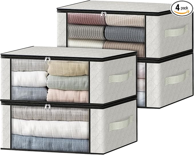 HomeHacks Storage 4-Pack Clothes Organizer Storage Bags Foldable Storage Box with Large Clear Window Sturdy Handles for Closet, Dorm, Pillows, Bedding, Clothes, Blankets, 35L, Ivory by HomeHacks