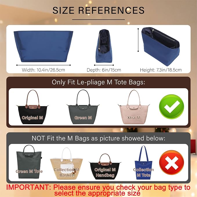 Soft Nylon Purse Organizer Insert for Longchamp Le Pliage M Tote Bag Long Handle, Lightweight Luxury Long Champ Medium Divider Shaper with Cup Holder and Deepened Pockets,M/Navy Blue - Image 2