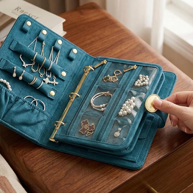 Travel Jewelry Organizer Case, Premium Full Velvet Exterior & Leather Frame Portable Jewelry Storage Box, Anti-Tarnish Soft Velvet Lining for Women for Earrings Rings Necklaces, Gift for Wife Mom - Image 2