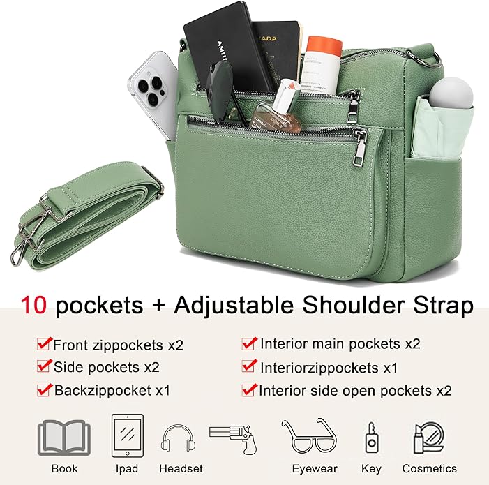 YZAOLL Large Crossbody Shoulder Bag for Women Vegan Leather Tote with Adjustable Wide Strap Work Purse with 10 Pockets