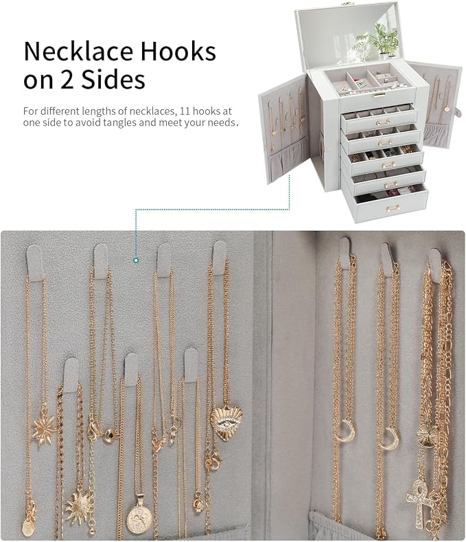 Large Jewelry Box, Jewelry Boxes for Women Large Jewelry Organizers and Storage, Jewelry Organizer for Rings Earrings Necklaces Glasses Bracelets Watches, Grey - Image 5