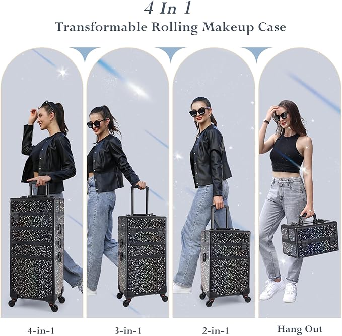 Stagiant Rolling Makeup Case Cosmetology Case on Wheels 4 in 1 Large Makeup Travel Case Nail Kits Organizer Train Case with Key Make Up Artist Salon Storage Traveling Cart Trunk Black Star - Image 4