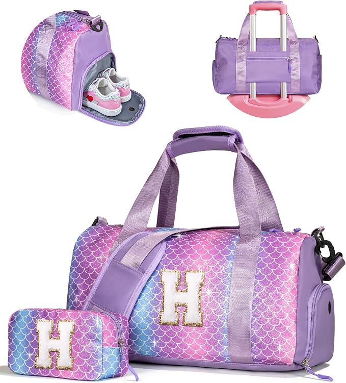Gifts for Daughter-Girl Gym Bag with Shoe Compartment, Kid Personalized Weekender Overnight Bags, Initial Travel Tote with Makeup Pouch, Gift for Granddaughter Sister Niece (Letter H) by Vogewood