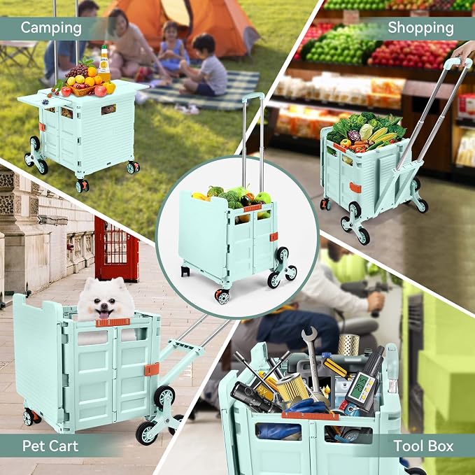 Foldable Utility Cart Portable Crate Rolling Dolly with Telescopic Handle,Can be Pulled diagonally, Magnetic Retractable Lid, 360°Swivel Climbing Wheels for Shopping Carrying Groceries Move Green - Image 8