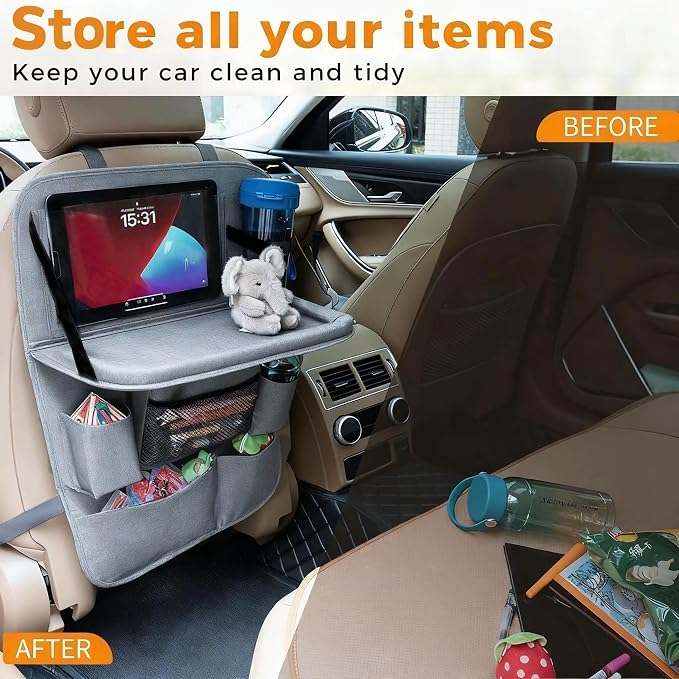 Backseat Car Organizer with Tray, 9 Storage Pockets Back Seat Protector with Foldable Tablet Holder, Waterproof Back of Seat Kick Mats for Kids Adult, Travel Accessories 2 Pack, Gray - Image 3