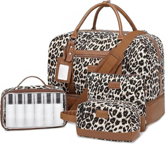 Wogarl 4PCS Weekender Bags for Women Large Overnight Weekend Travel Duffel Carry on Shoulder with Shoe Compartment Canvas Toiletry Bag for Travel Business Gym by Wogarl