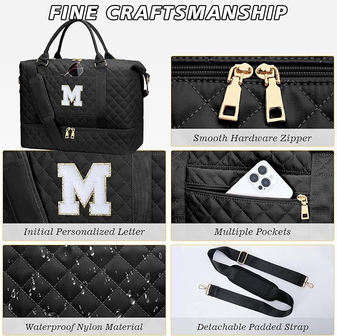 Gifts for Teens Girls Women Initial Travel Duffle Bag Quilted Weekender Carry-On Overnight with Cosmetic Bag, Gym Bag with Shoe Compartment, Black M - Image 6