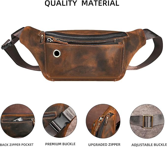 Water Resistant Canvas + Leather Hiking Riding Travel Fanny Waist Pack Small Phone Pouch For Men Women FB811-29 (W-8138-Brown) - Image 5