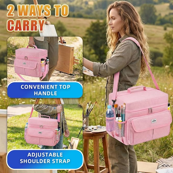 JJRING Acrylic Paint Organizer Bag With Adjustable Dividers, Pink | Versatile Art Supply Storage Case With 12-Slot Brush Holder & Clear Zipper Pocket For Multi-Size Bottles, Travel Tote - Image 4