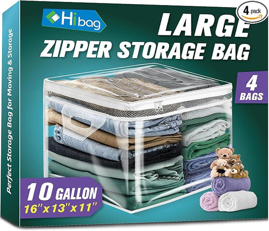 HIBAG 10 Gallon Large Storage Bag for Clothes, Zipper Clothing Storage Bag, Clear Organizer with Reinforced Handles, for Closet and Underbed Storage (4 Pack) by HIBAG