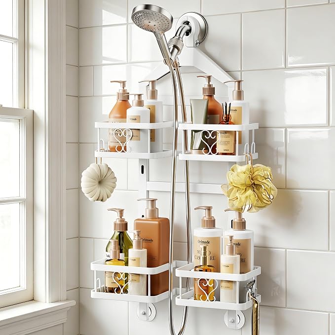 Orimade Adjustable Hanging Shower Caddy for Handheld Shower Heads, Rustproof Bathroom Shelf Organizer Over Showerhead Storage Rack with 8 Hooks, Easy-Clean Removable Baskets & Triple Anti-Slip, White by Orimade