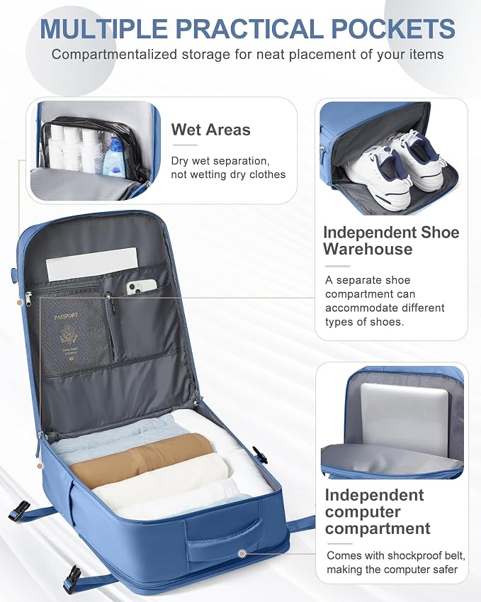 coowoz Large Travel Backpack Carry On for Women Man Waterproof Gym Backpacks with Laptop Compartment Mochila de Viaje Teacher Personal Item Backpack Rucksack Airplane Accessories Must Haves Sky Blue - Image 6
