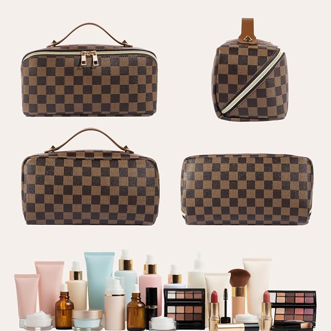 Leather Travel Makeup Bag, Large Capacity Cosmetic Bag for Women, Waterproof Portable Pouch with Divider, Toiletry Organizer with Handle, 10.5x5x5 Inches, Deep Brown - Image 7