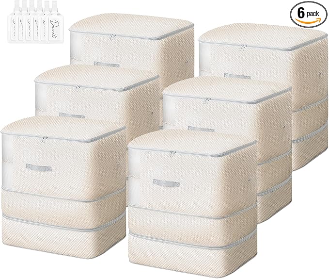 Comforter Storage Bag - 130L Large Capacity Blanket Storage Bags 3-Layer Ultra Space Saving Self Compression Organizer, Washable Compression Bags for Storage Comforter Blanket, 6-Pack, Beige by EasortmPackingCubes