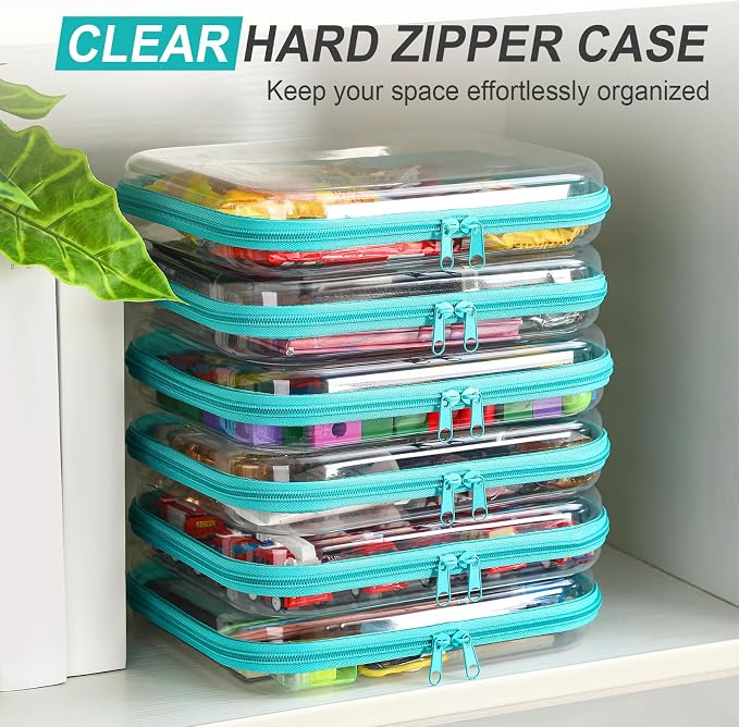 Sanwuta 6 Pcs Clear Hard Zipper Case Plastic Zipper Pouches Transparent Makeup Bag Pencil Case Pouches Toiletry Diaper Bag for Travel Toy Storage Organizer Bins(Teal,9.84 x 7.87 x 2 Inch) - Image 5
