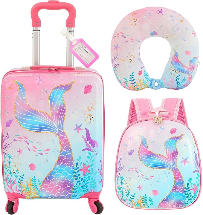 Sanwuta 4 Pcs Kids Luggage Set Back to School Gifts for Girls Boys Carry On Rolling Suitcase Backpack Neck Pillow Travel Set(17 Inch,Mermaid's Tail Style,Blue Purple) by Sanwuta