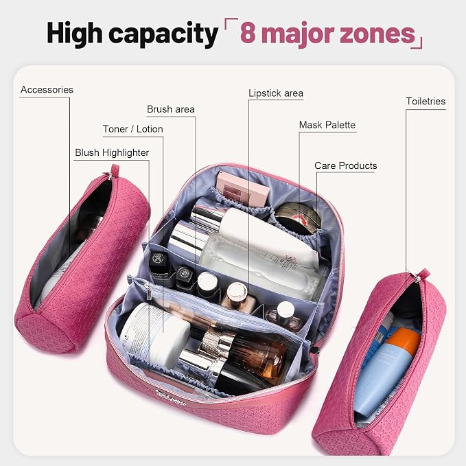 BOYATU Travel Makeup Bag Cosmetic Bags for Women: Large Capacity 3 Pcs Set Make up Bag with Compartments - Waterproof Vegan Leather Toiletry Organizer Bags with Handle (M-73Rose) - Image 4