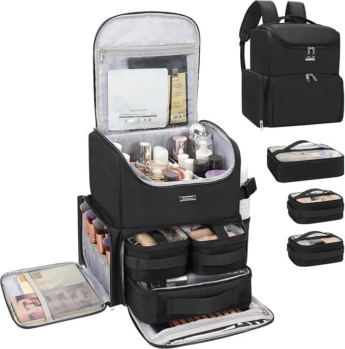 Relavel Makeup Backpack Large Makeup Bag with 3 Clear Set Bags, Dual Layer Professional Cosmetic Organizer Travel Train Case Makeup Artist Kit with Adjustable Dividers & Easy to Clean Lining, Black by Relavel