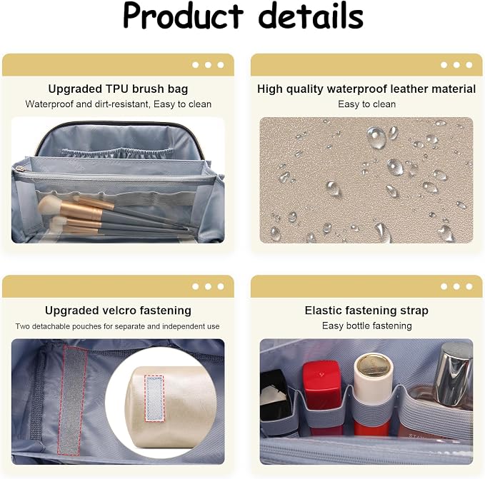 BOYATU Travel Makeup Bag Organizer Cosmetic Bag: 3 Pcs Set Make up Bags for Women with Handle - Waterproof Vegan Leather Toiletry Bags Travel Essentials Pouch with Compartments (C-07-Gold) - Image 4