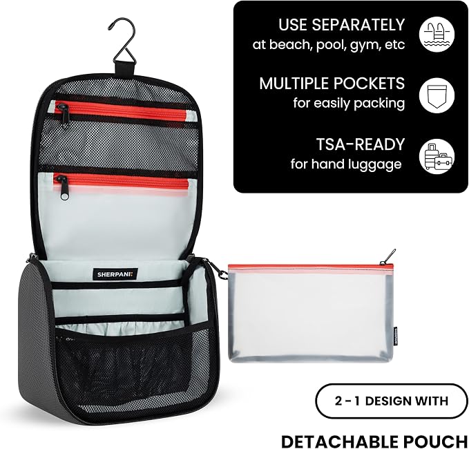 Sherpani Co-Pilot, Travel Toiletry Bag, Hanging Cosmetic Organizer, Water Resistant Makeup Bag, Shower Dopp Kit, Essentials Toiletries for Women, Travel Gift (Granite) - Image 5