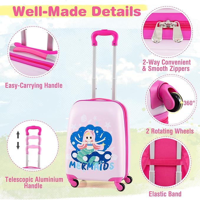 HONEY JOY Kids Luggage, 12" Toddler Backpack & 16" Travel Suitcase with Wheels, Lightweight Toddler Girls Suitcase, Durable ABS Hardshell, 2Pcs Carry On Luggage Set for Boys Girls(Mermaid) - Image 5