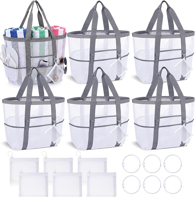 Hillban Large Mesh Beach Bag Bulk for Women Waterproof Sandproof Pool Tote Bag with 8 Pocket Small Zipper Pouch with Ring by Hillban