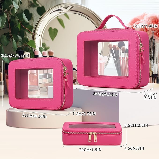 Pinkmik Clear Makeup Bag with Brush Bag 3pcs Waterproof Travel Case for Cosmetics and Toiletries Women's Makeup Organizer with Zipper (X/Fuxia, L+M+SLIM) - Image 2