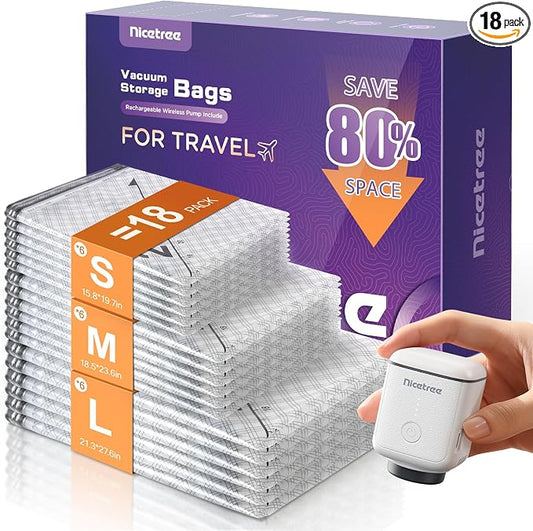 Nicetree 18-Pack Vacuum Bags for Travel with Rechargeable Pump, Compression Packing Bags for Carry-On Luggage & Suitcase, Vacuum Seal Bags for Clothing, 3 Sizes for Travel & Home Storage by Nicetree