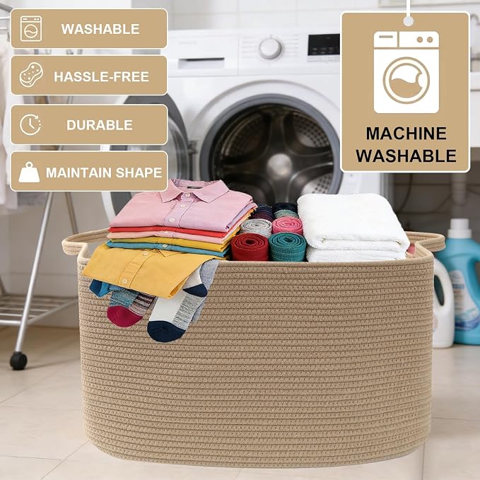 96L Extra Large Cotton Rope Laundry Basket with Sturdy Handles | 24x16x15 Foldable Rectangular Blanket Basket for Toys, Clothes & Pillows,Ideal for Nursery, Bathroom, Bedroom, Living Room - Image 7