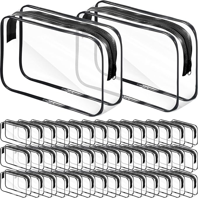 Reginary 36 Pieces Clear Makeup Bags Travel Size Toiletry Bags Bulk, Waterproof PVC Cosmetic Pouches with Zipper and Black Trim, Transparent Airport Quart Size Compliant Bag Organizer for Vacation by Reginary