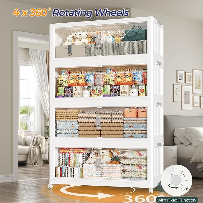 90Gal/360QT 3-Tiers Extra Large Stackable Storage Bins with Lid, Collapsible Cabinet Closet Organizer Plastic Container Box with Wheels Doors Drawers for Office Dorm Kitchen, White - Image 6